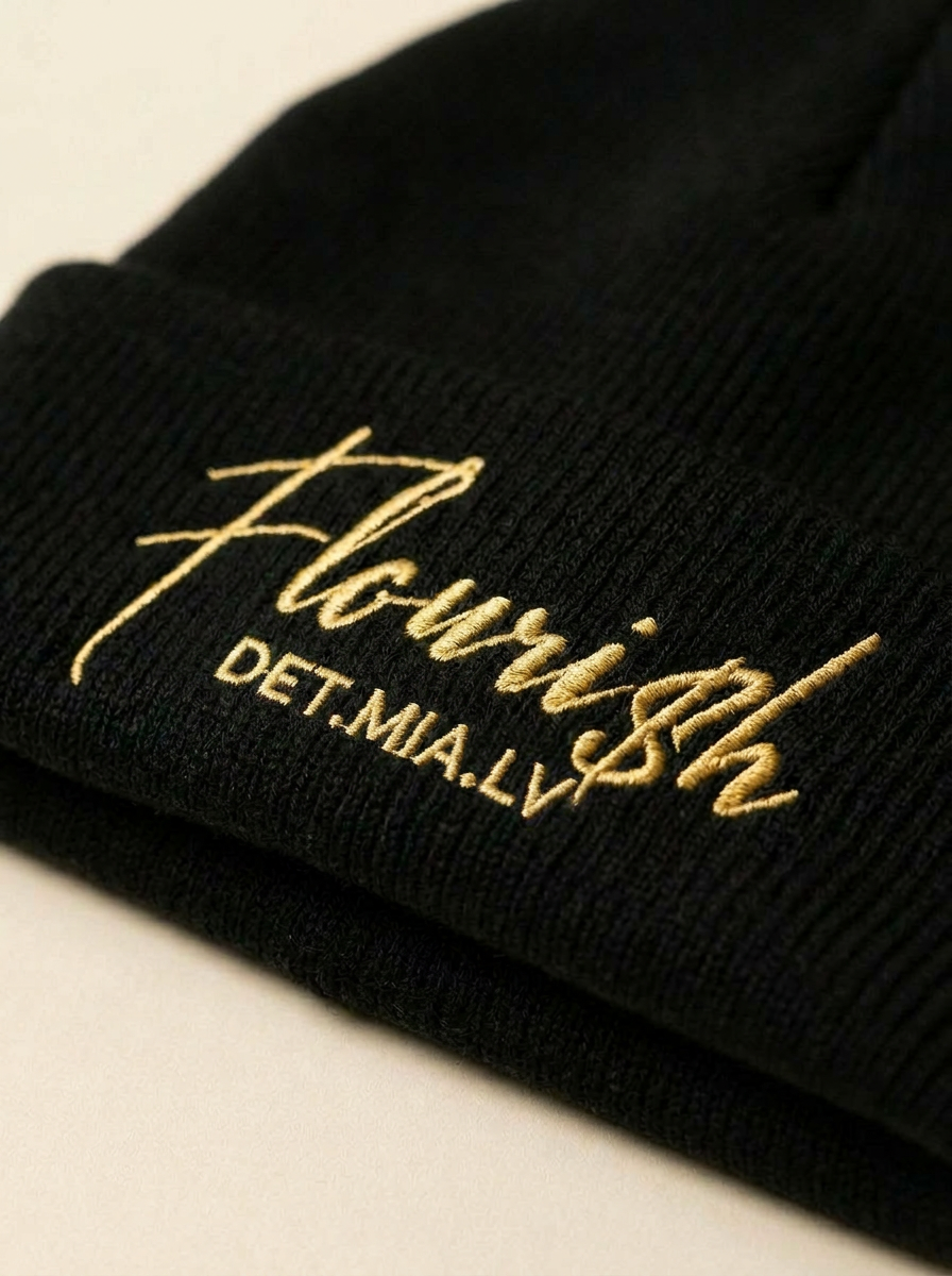 Macro close-up of the gold Flouri$h cuff embroidery on the beanie's chunky rib knit