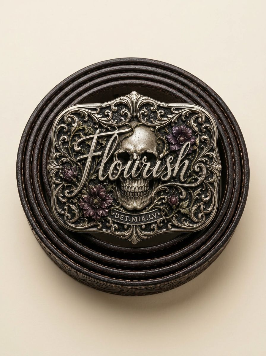 Flouri$h Buckle Belt coiled, showing the engraved skull buckle and tooled leather strap
