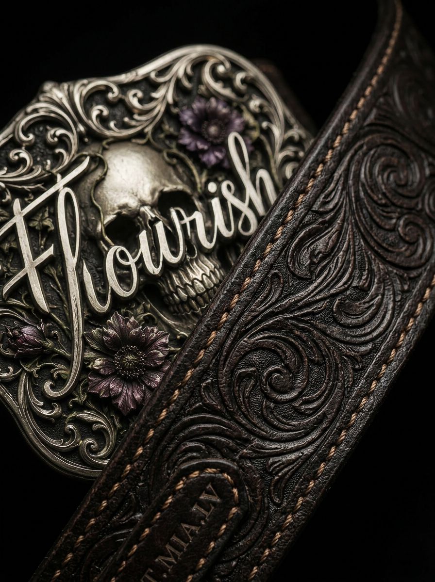 Macro detail of the tooled full-grain leather strap and engraved buckle edge