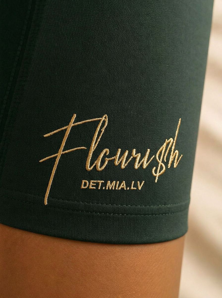 Close-up of the thin gold Flouri$h script embroidery on the biker short hem
