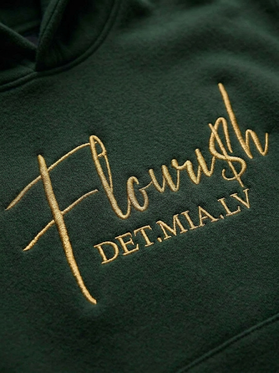 Macro close-up of the gold Flouri$h script embroidery on the hoodie chest