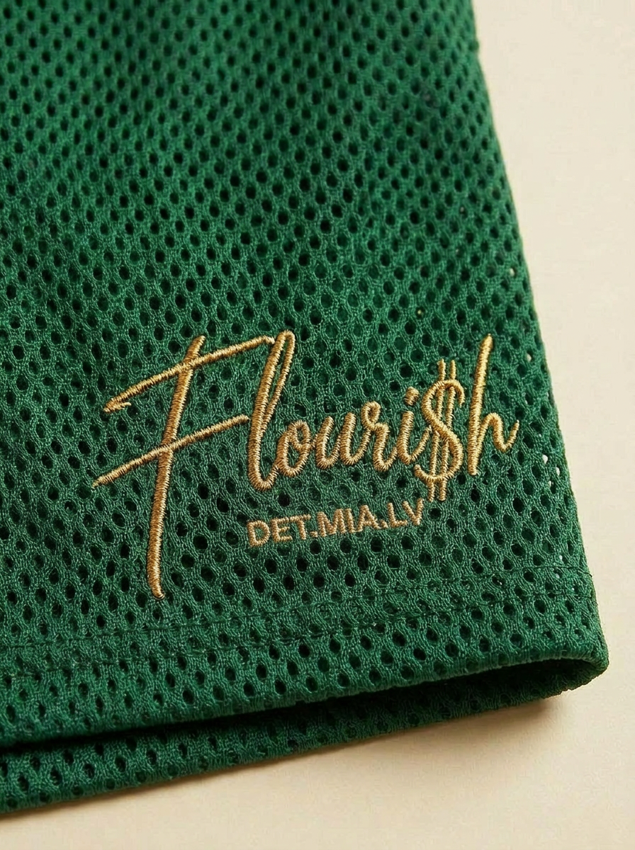 Macro close-up of the gold Flouri$h hem script on the breathable mesh short