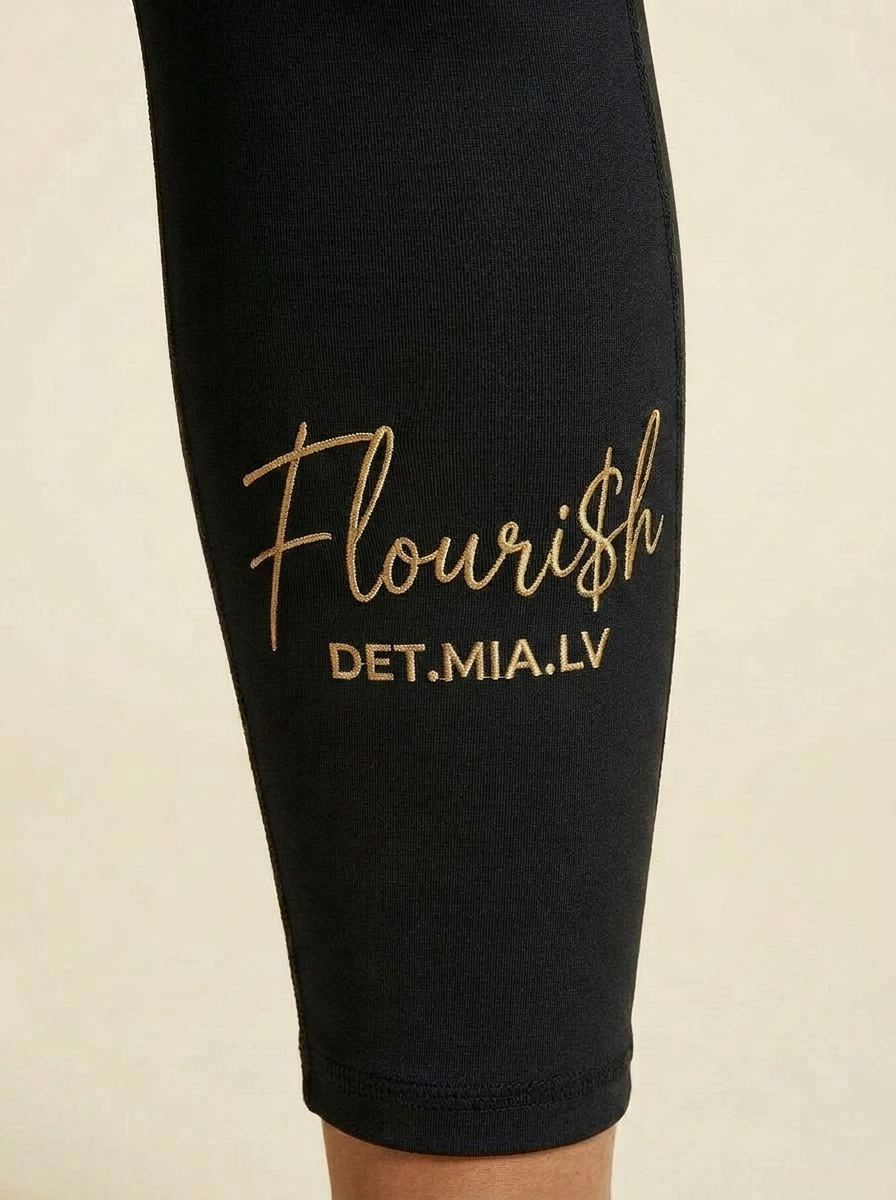 Macro close-up of the gold Flouri$h calf script on the compression tights
