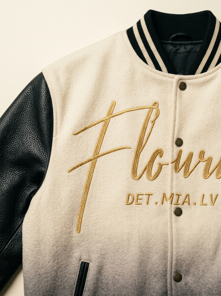 Flat detail shot of the Flouri$h Varsity in Cream/Charcoal Fade with gold script embroidery