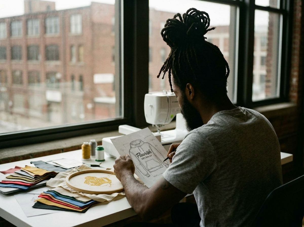 Flouri$h Detroit founder seen from behind, sketching a hoodie design at his loft studio worktable in Detroit